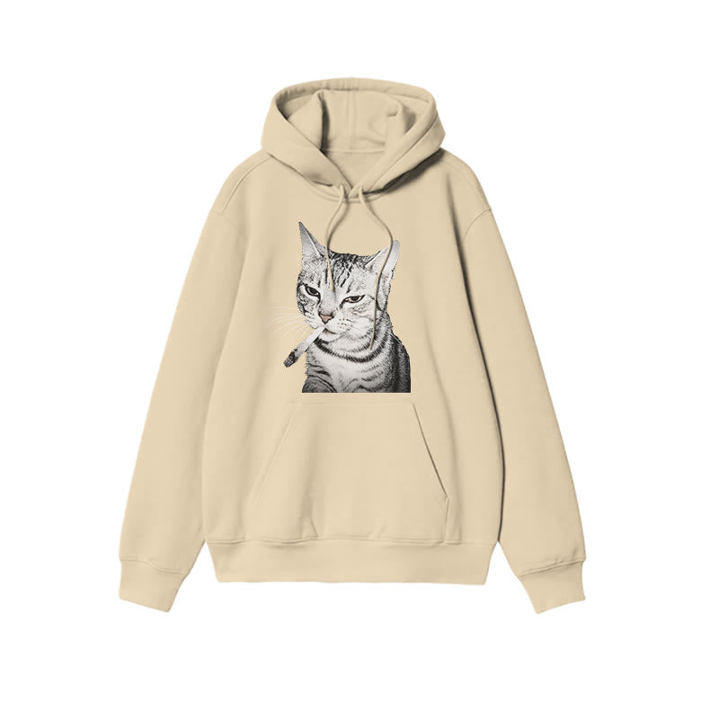 Tabby Cat With A Cigarette In Its Mouth Print Causal Hoodie