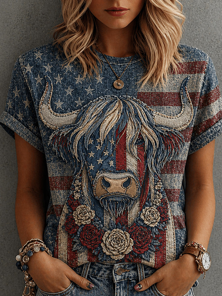 Women's Vintage Flag And Highland Cow Patchwork Art T-shirt