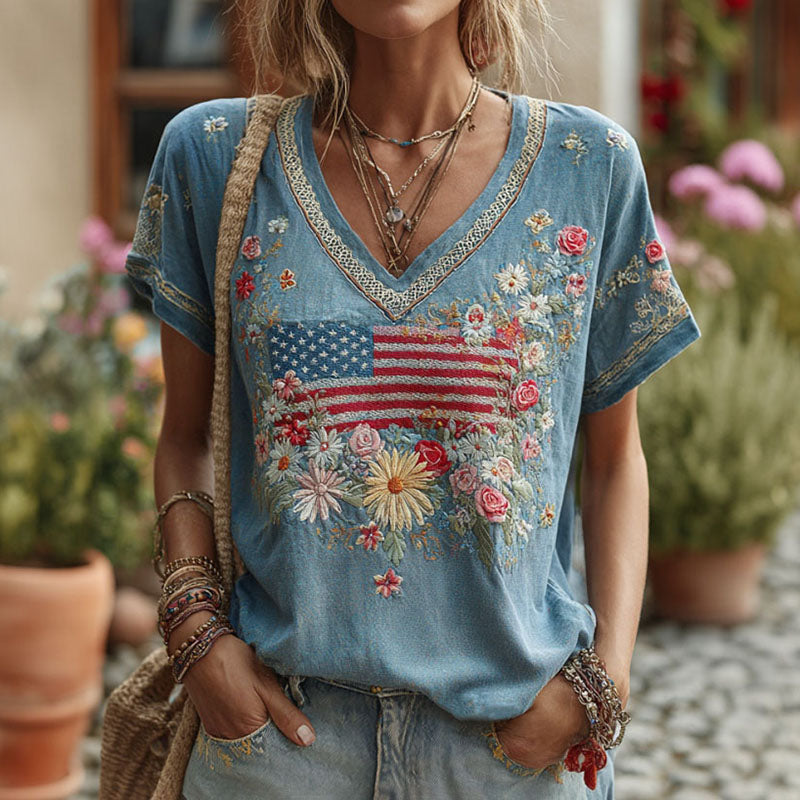 Women's Retro Independence Day Flag Floral Embroidery Cotton Linen T-shirt