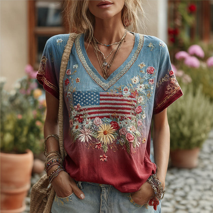 Women's Retro Independence Day Flag Floral Embroidery Cotton Linen T-shirt