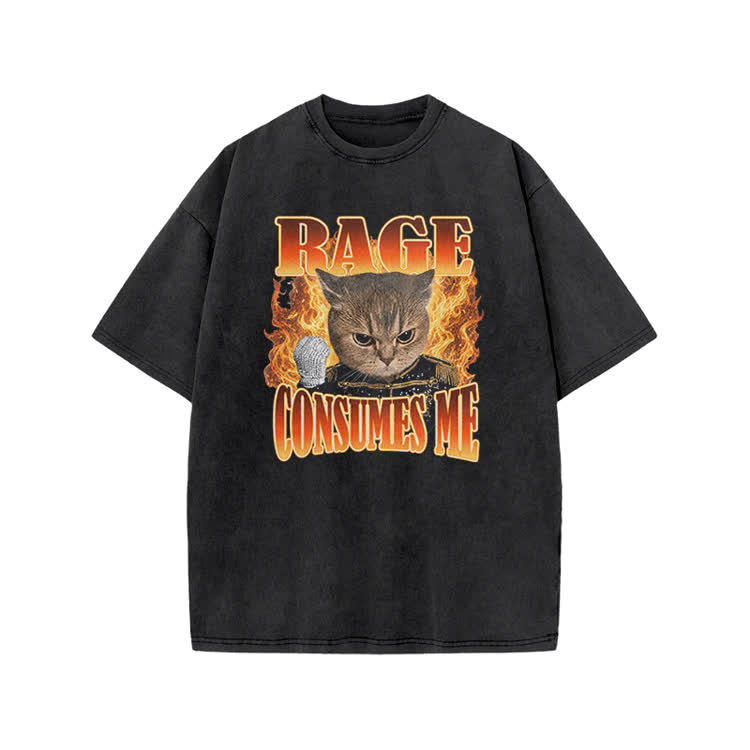 Vintage Washed Rage Consumes Me Cat Graphic Print Acid Washed T-shirt