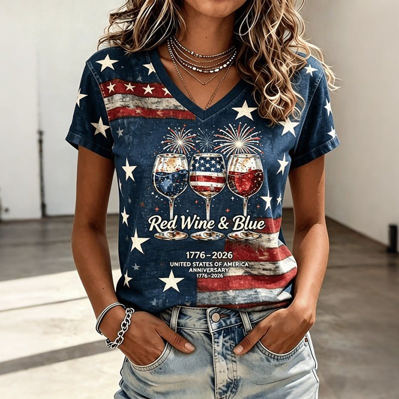Women's Independence Day Flag Art Print V-neck Short Sleeve T-shirt