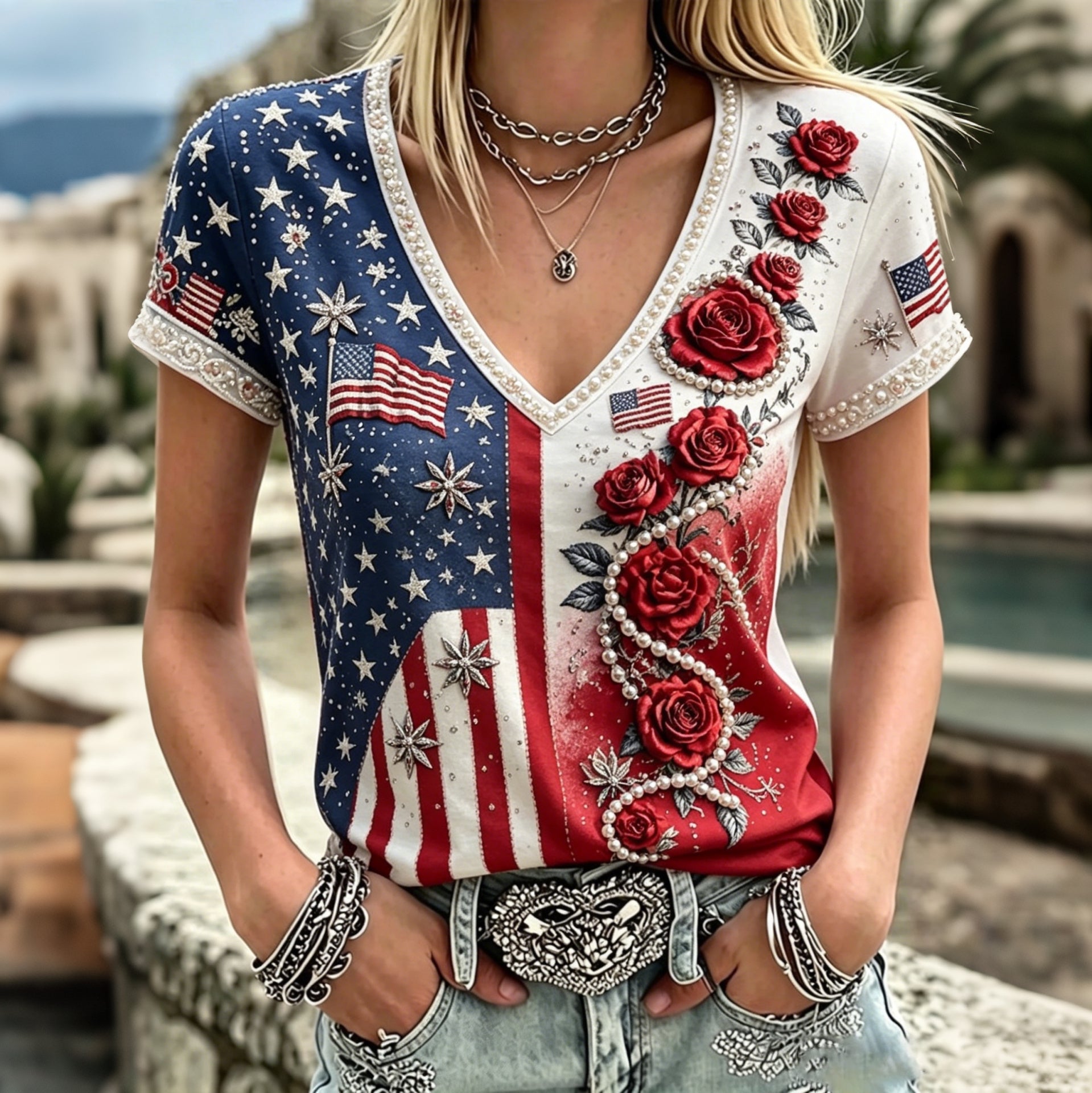 Women's National Flag And Rose Color-blocked Short-sleeved T-shirt