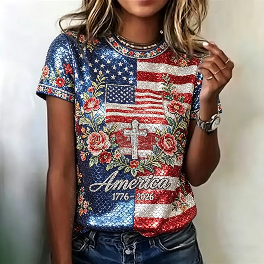 Women's Retro Distressed American Flag And Floral Sequin Art Cotton Linen Casual Crew Neck Short Sleeve T-shirt