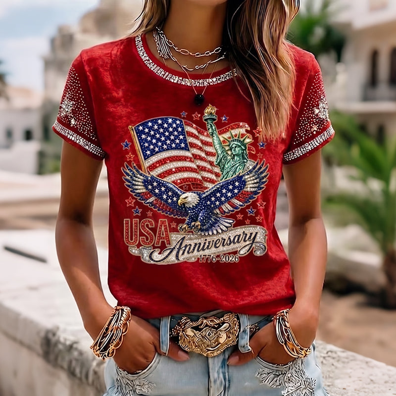 Women's Independence Day Flag Eagle Art Crew Neck T-shirt
