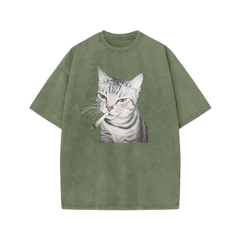 Tabby Cat With A Cigarette In Its Mouth Print Acid Washed T-shirt
