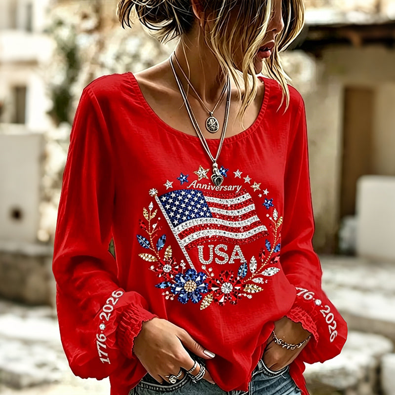 Women's Usa Anniversary Sequins Print Round Neck T-shirt