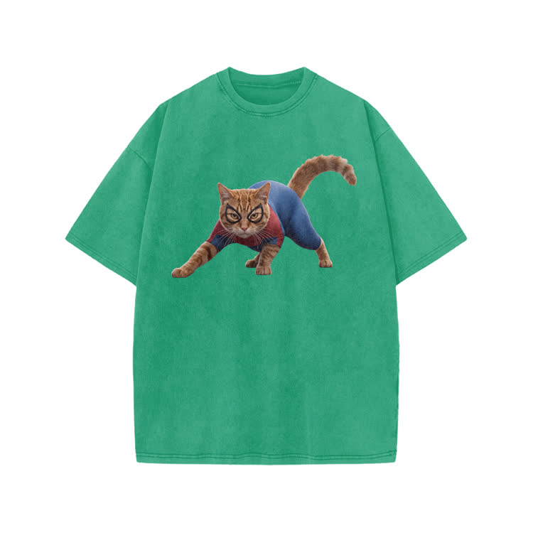 Vintage Hero Cat Graphic Print Acid Washed T-shirt