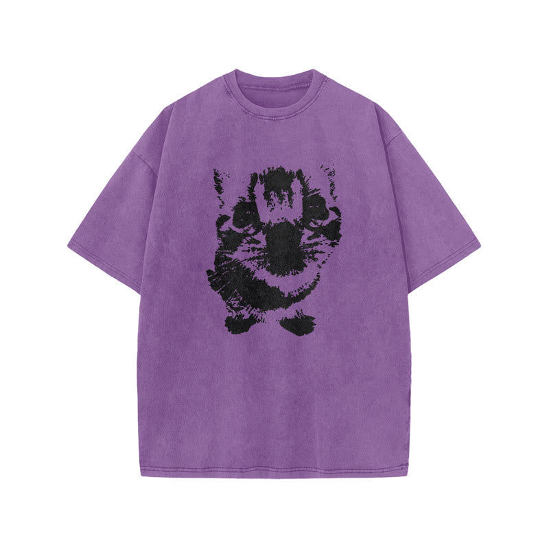 Cute Cat Silhouette Print Acid Washed T-shirt
