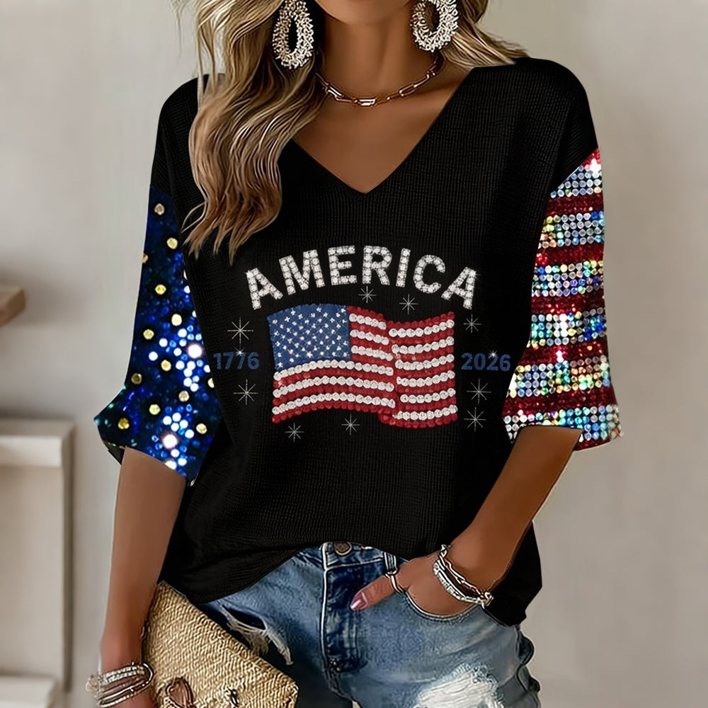 Women's Flag Art Three-quarter Sleeve V Neck Linen Tops
