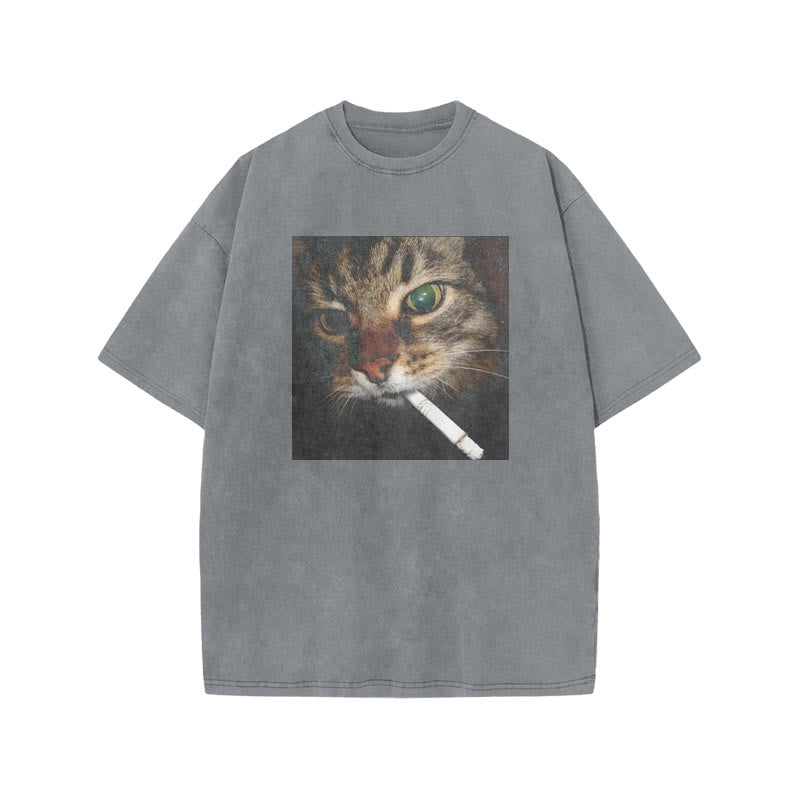 Unisex Cat With Cigarette In Mouth Print Acid Washed T-shirt