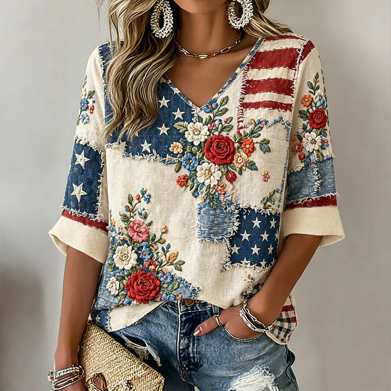 Women's Vintage Independence Day Flag Flower Art Print V-neck T-shirt