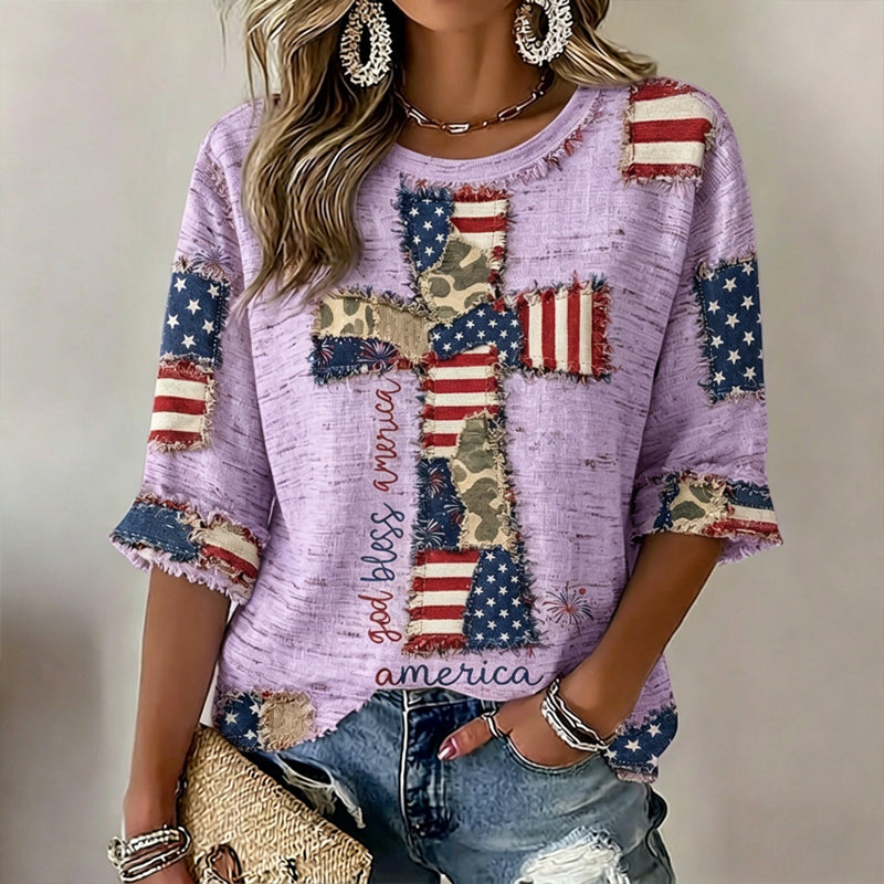 Women's  Flag In Faith Art Three-quarter Sleeve V Neck Linen Tops