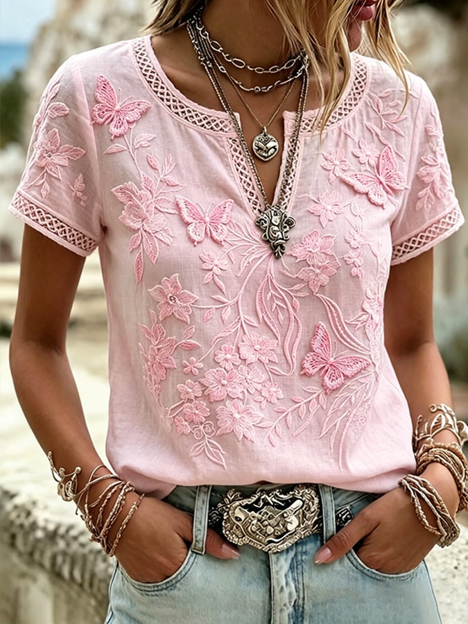 Women's  Floral Cotton-Linen Print Top
