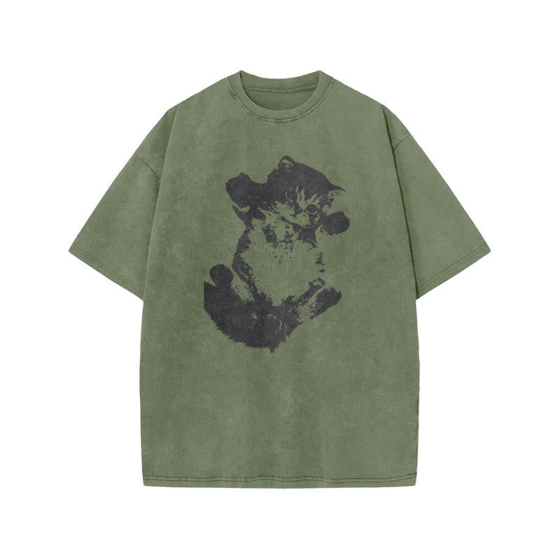 Lazy Cute Cat Print Acid Washed T-shirt