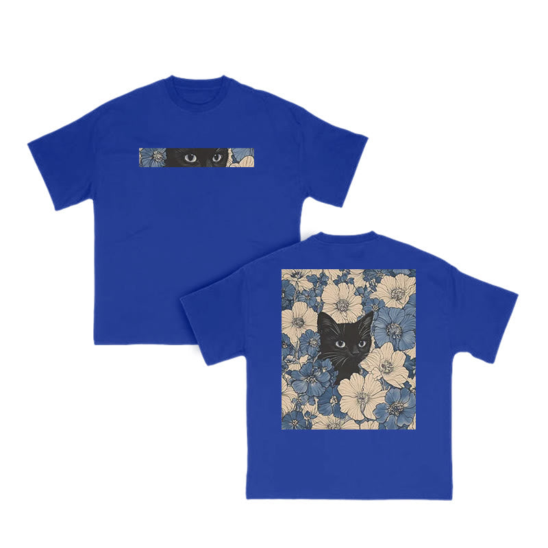 Black Cat In A Patchwork Flower Field Print T-shirt