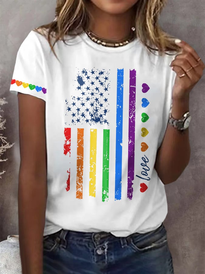 Women's Pride Month Rainbow American Flag print Short Sleeve T-Shirt