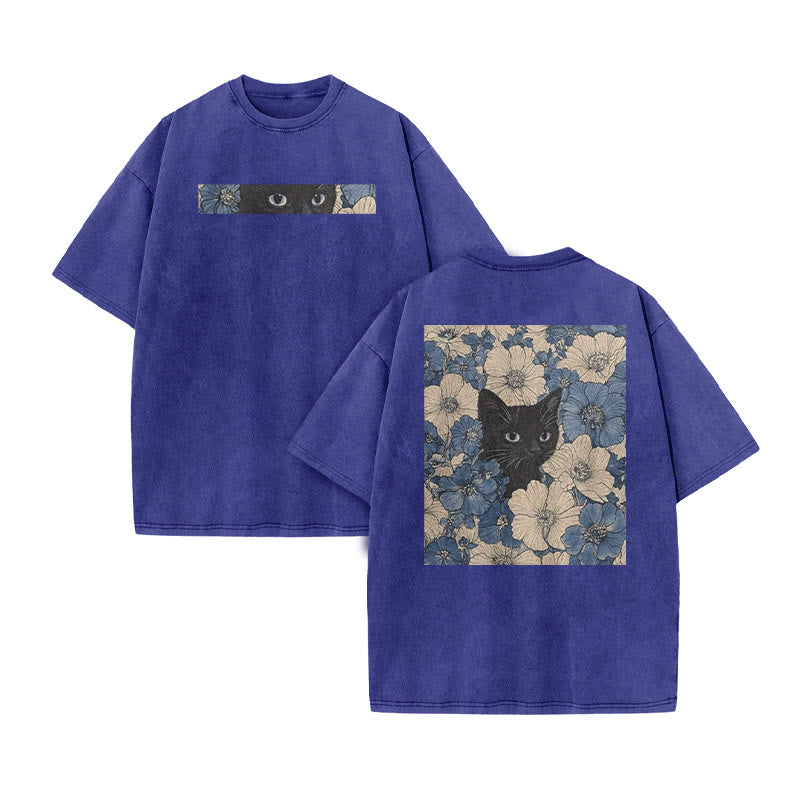 Black Cat In A Patchwork Flower Field Print Acid Washed T-shirt