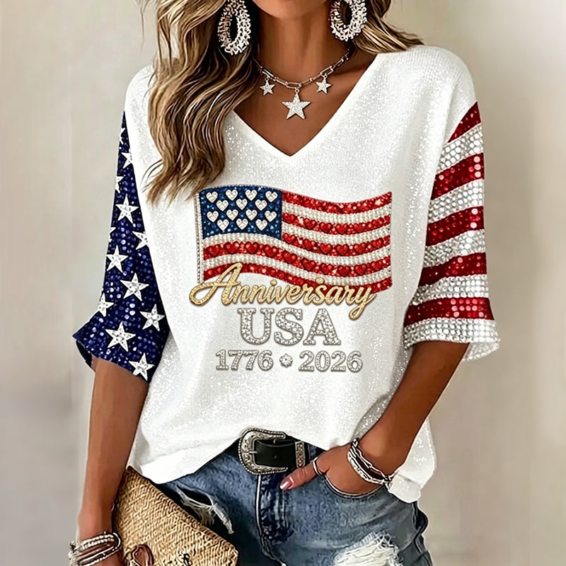 Women's Usa Anniversary Sequins Print V-neck T-shirt