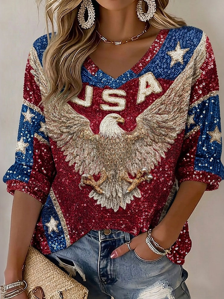 Women's Retro Independence Day Flag And Eagle Pattern Casual T-shirt