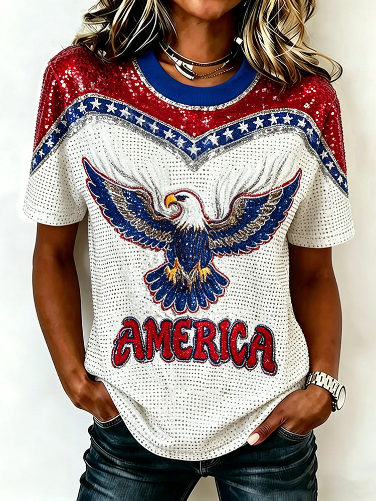 Women's Vintage Independence Day Eagle Theme Pattern Casual T-shirt