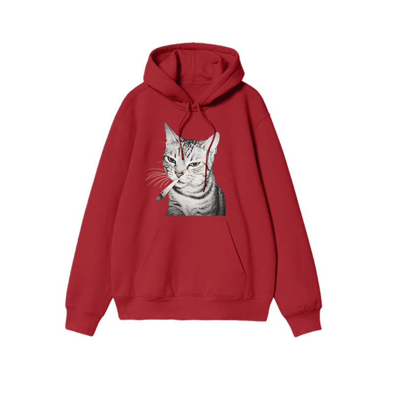 Tabby Cat With A Cigarette In Its Mouth Print Causal Hoodie