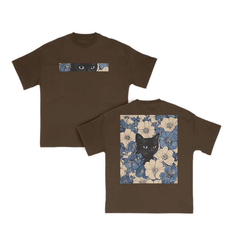 Black Cat In A Patchwork Flower Field Print T-shirt