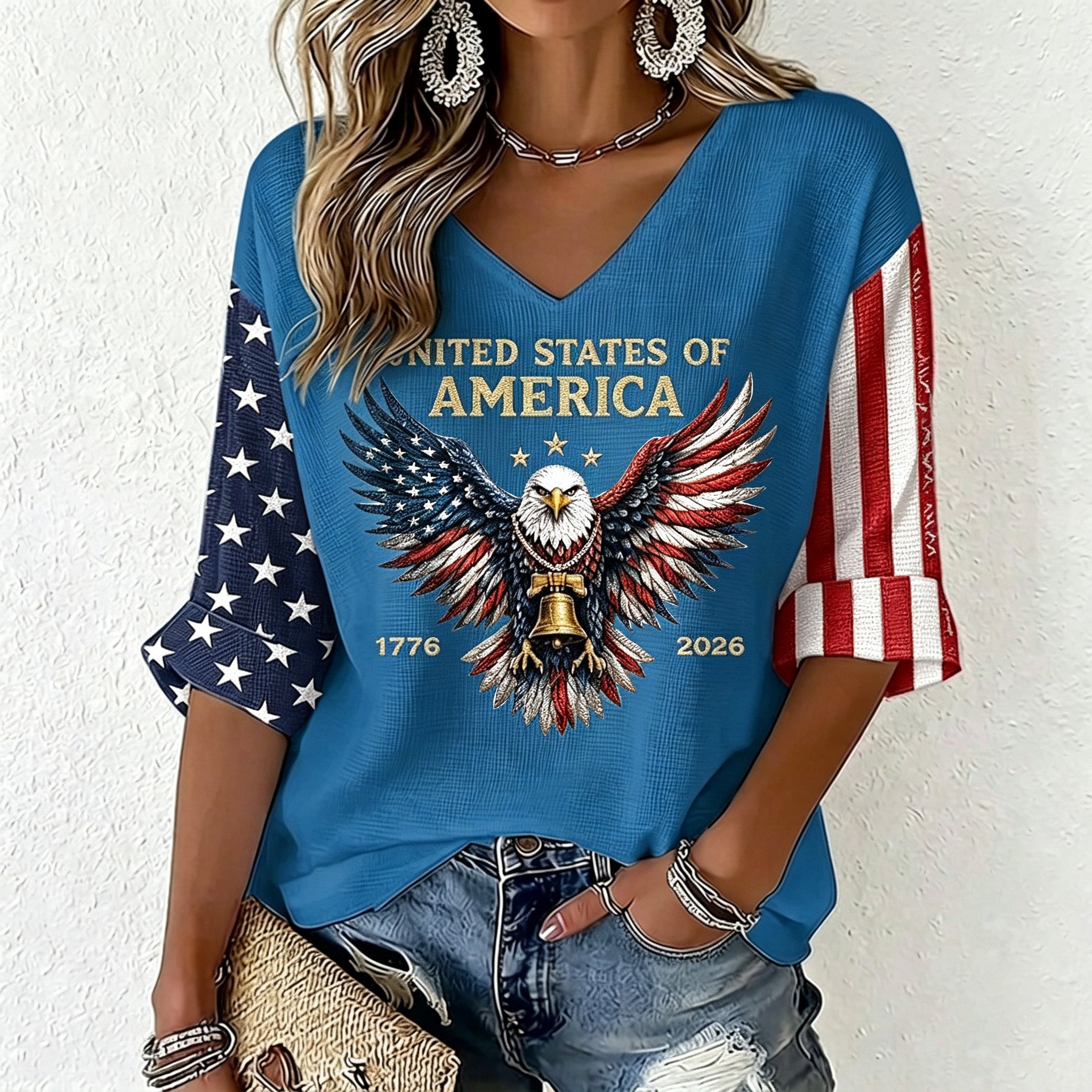 Women's Vintage Flag Art Three-quarter Sleeve V Neck Linen Tops