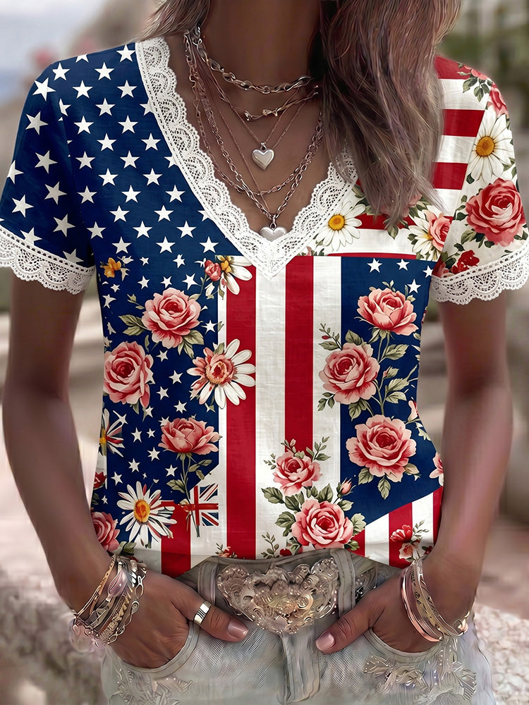 Women's American Anniversary Flag Floral Print V-neck Linen Blend T-shirt