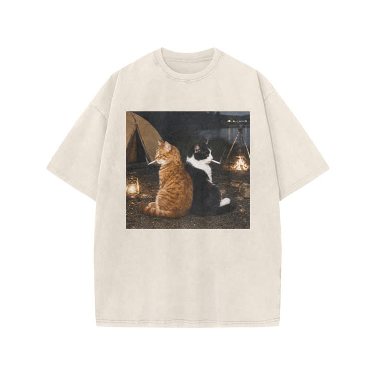 Vintage Camping Cats Graphic Print Acid Washed T-shirt