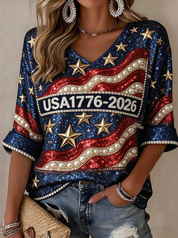 Women's Usa Anniversary Sequins Printing Casual T-shirt