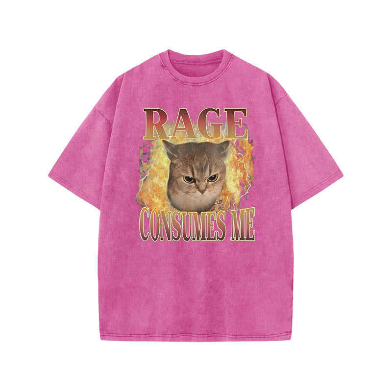 Rage Consumes Me Meme Cat Print Acid Washed T-shirt