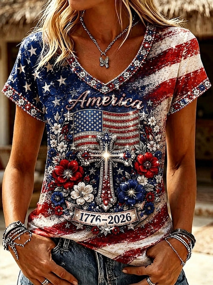 Women's Vintage Independence Day Flag Flower Art V-neck Short Sleeve Casual T-shirt