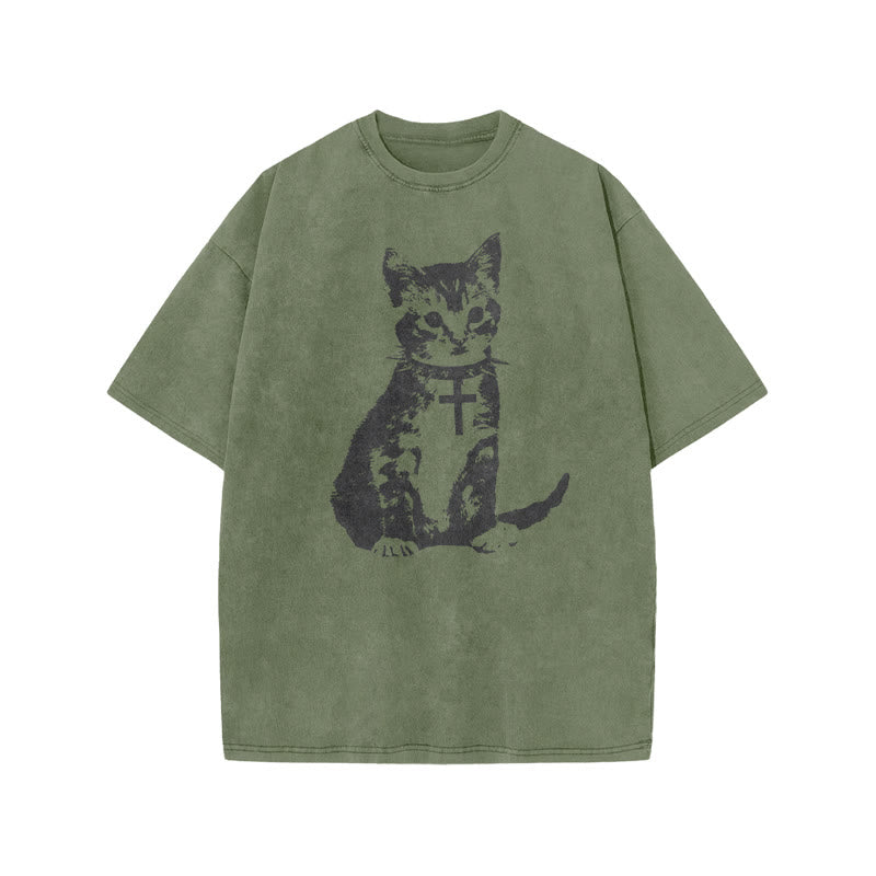 Cat With A Cross Collar Print Acid Washed T-shirt