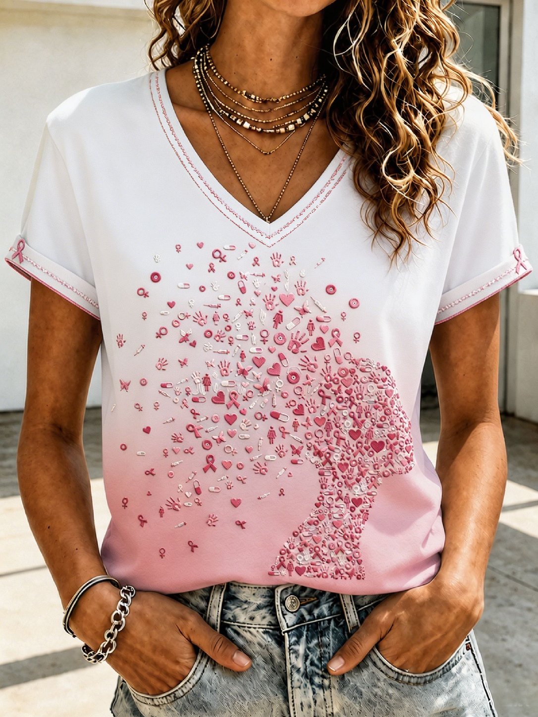 Women's Casual Retro  Floral Print Top (Breast Cancer Awareness)