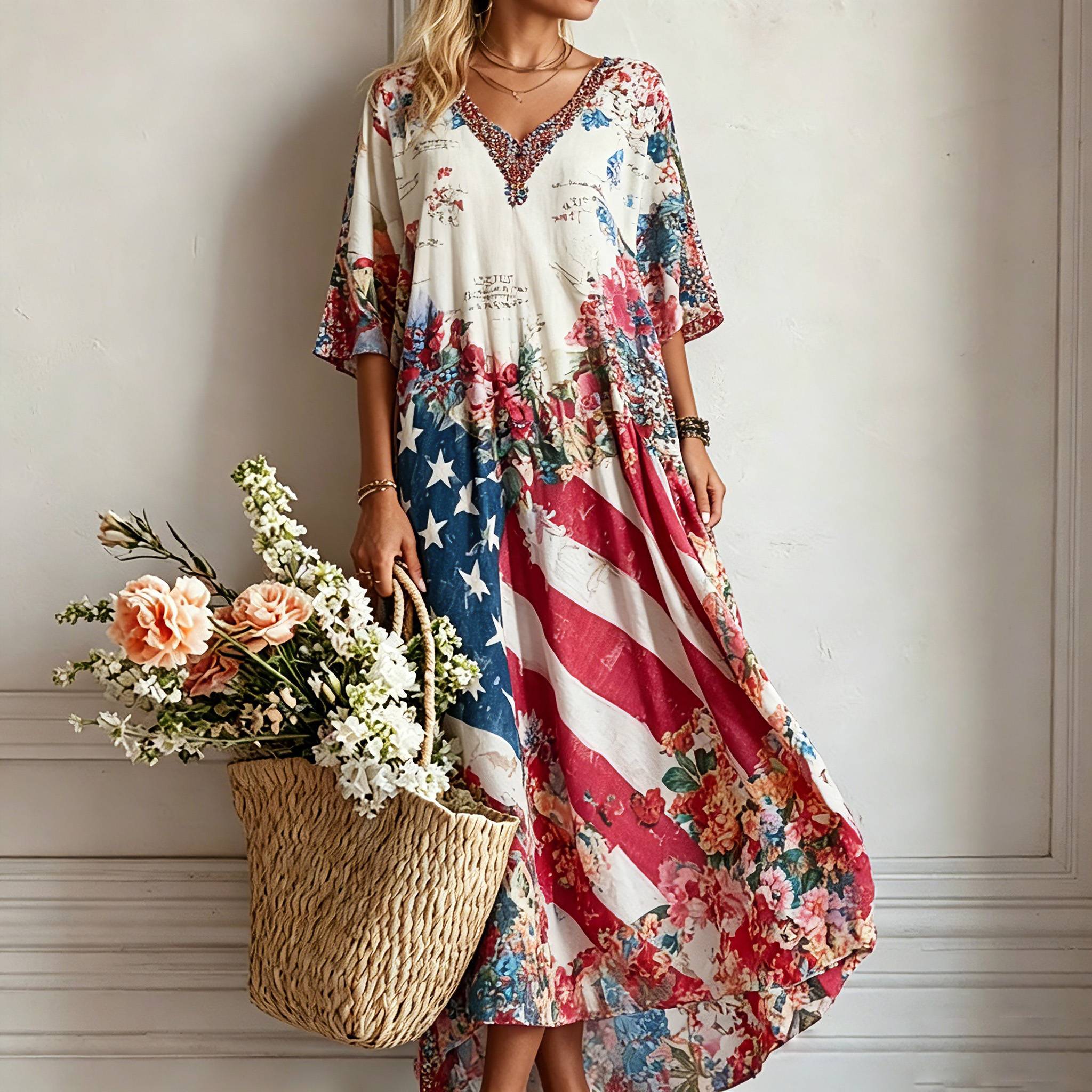 Women's Retro American Flag Floral Print Comfortable Cotton Linen V-neck Dress
