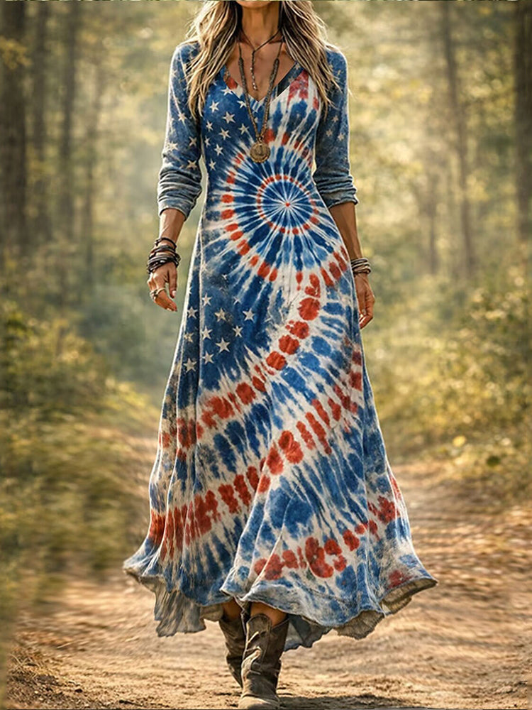 Women's Vintage Floral Independence Day Flag Art Print Dress