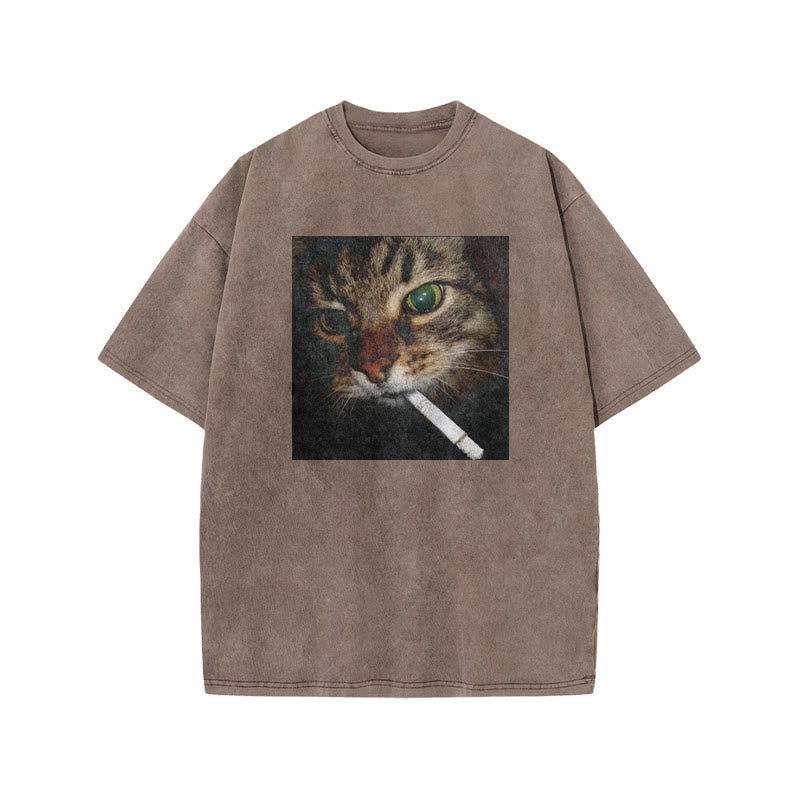 Unisex Cat With Cigarette In Mouth Print Acid Washed T-shirt