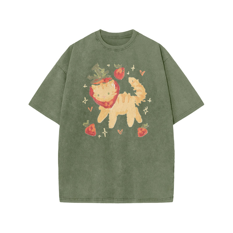 Cat Wearing A Strawberry Hood Print Acid Washed T-shirt
