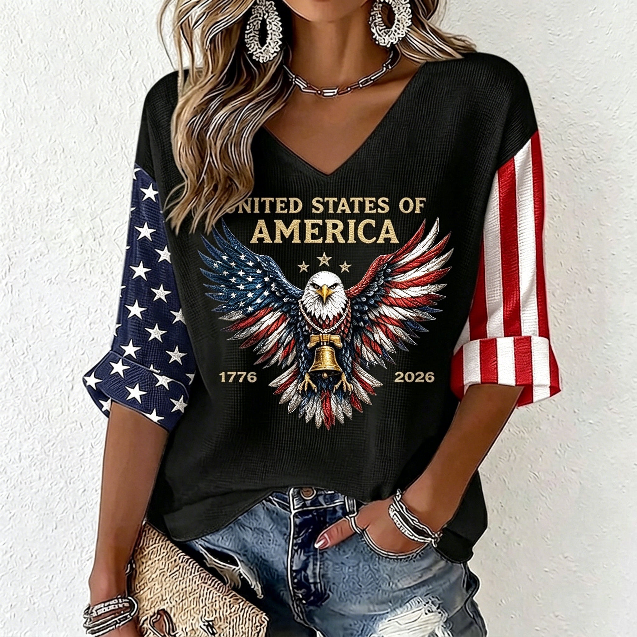Women's Vintage Flag Art Three-quarter Sleeve V Neck Linen Tops