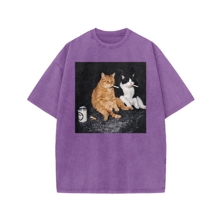 Vintage Smoking Cats Graphic Print Acid Washed T-Shirt