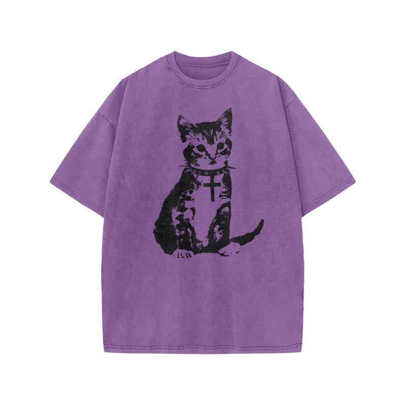 Cat With A Cross Collar Print Acid Washed T-shirt