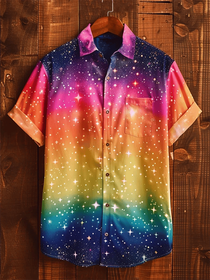 Men's Rainbow Gradient Starry Sky Art Print Casual Shirt