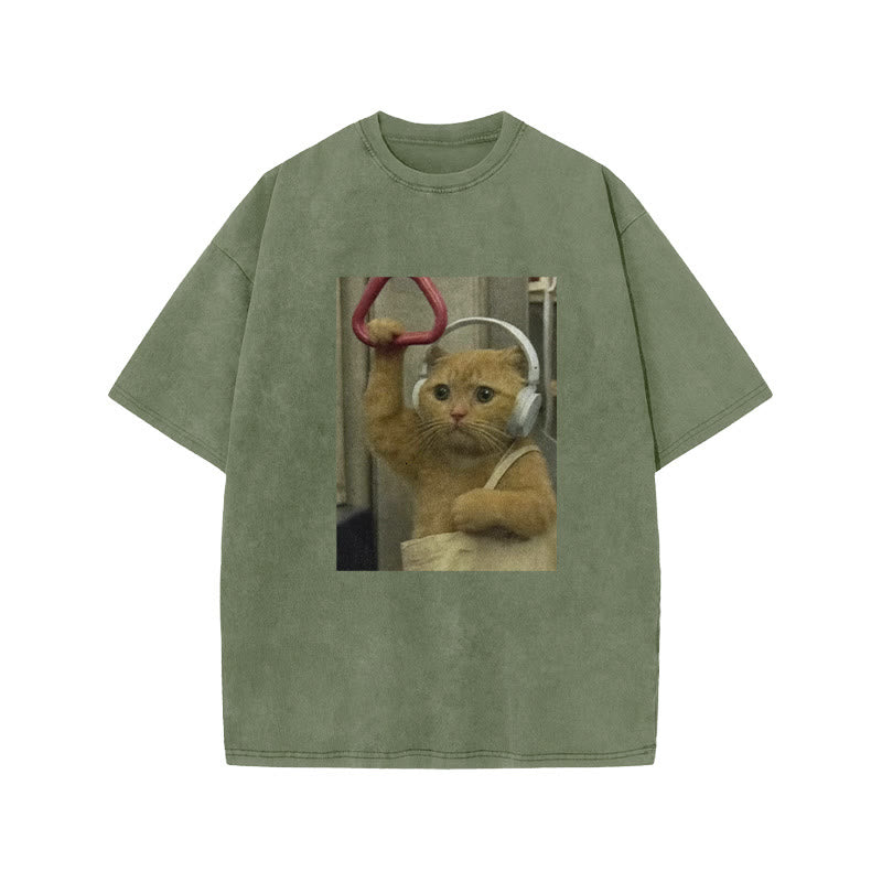 Unisex Cat Riding The Subway Print Acid Washed T-shirt