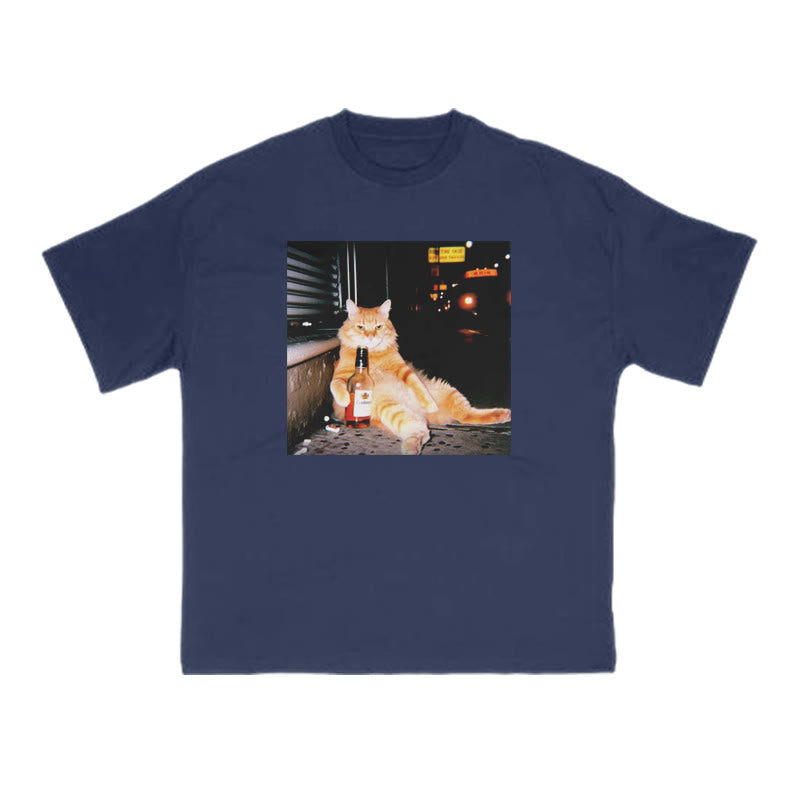 Orange Cat Sipping Beer Print T-shirt