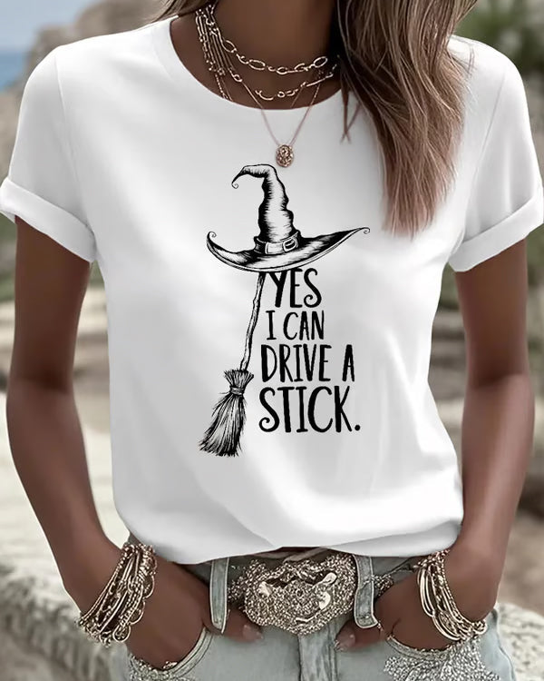 Women's I Can Drive a Stick Print Crew Neck Short Sleeve Tshirt