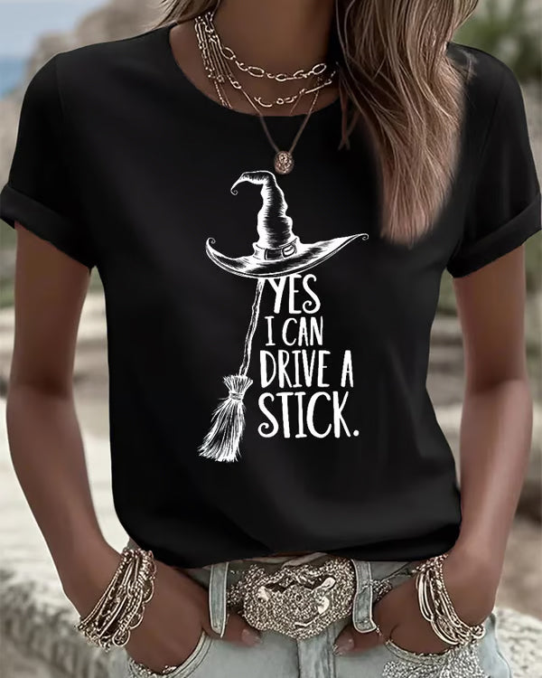 Women's I Can Drive a Stick Print Crew Neck Short Sleeve Tshirt