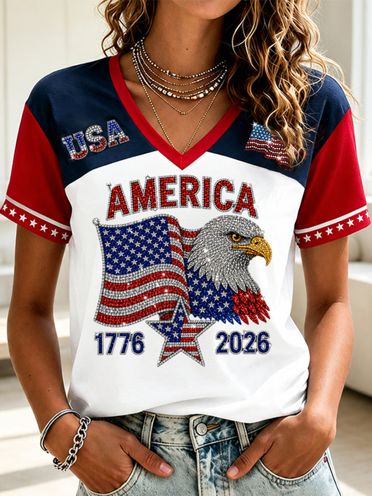 Women's American Flag Art Sequin Casual V-neck Short Sleeve Top