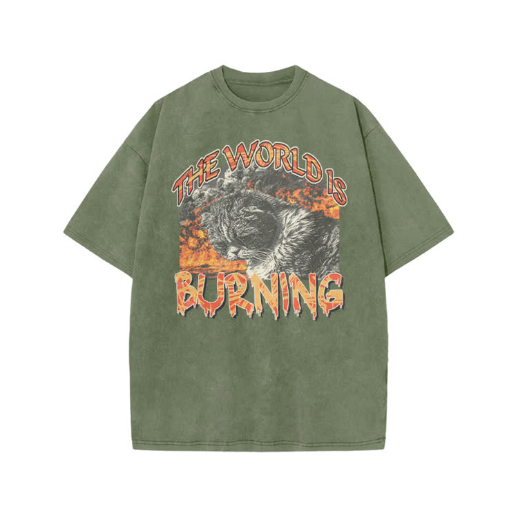 Punk Inspired Burning Cat Graphic Print Acid Washed T-shirt