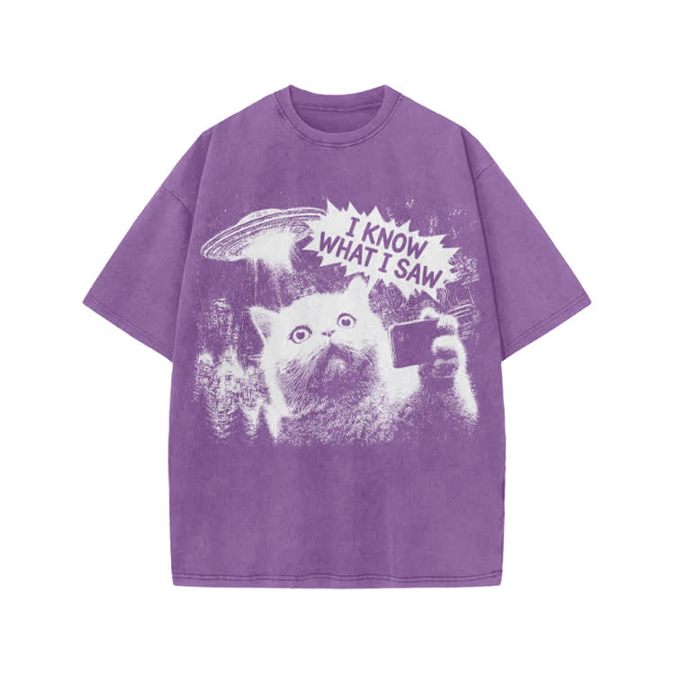 Sci Fi UFO Cat Graphic Washed T-Shirt